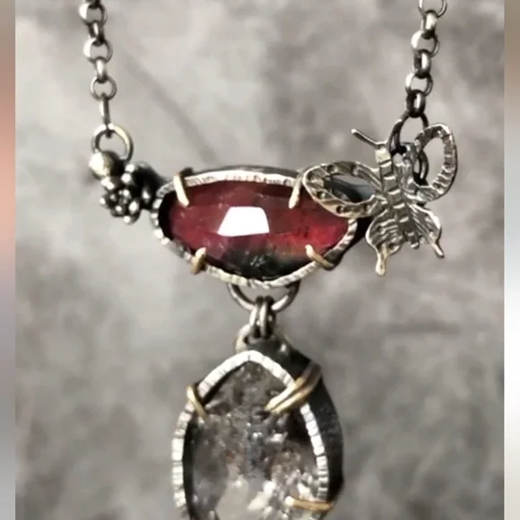 Sterling Silver and Tourmaline Pendant with Herkimer Diamond Necklace - Picture 5 of 14